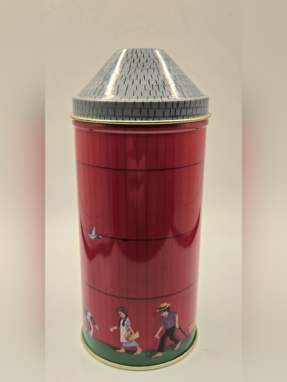 Vintage Red Barn Silo Round Decorative Tin W/Lid Farm Scene Cows Mennonite Farm